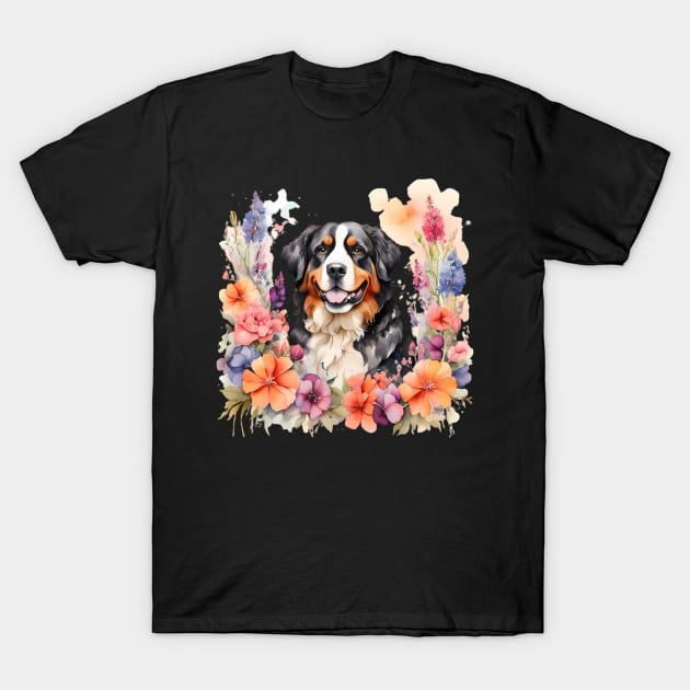 A bernese mountain dog decorated with beautiful watercolor flowers T-Shirt by CreativeSparkzz